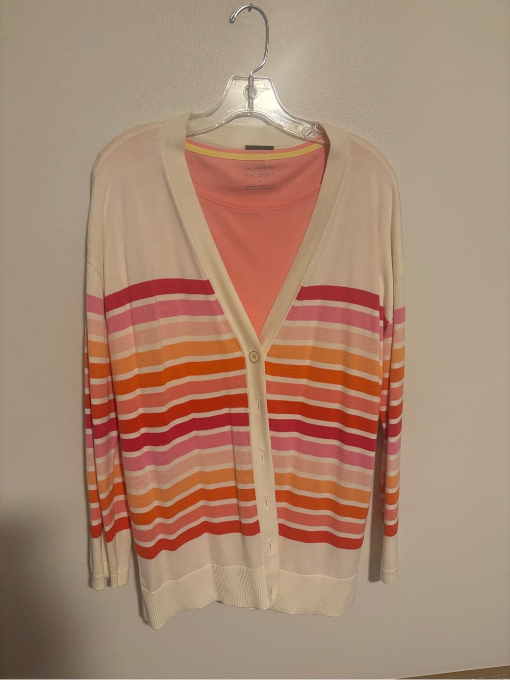 Talbots Cream Striped Cardigan with Pink & Orange Accents